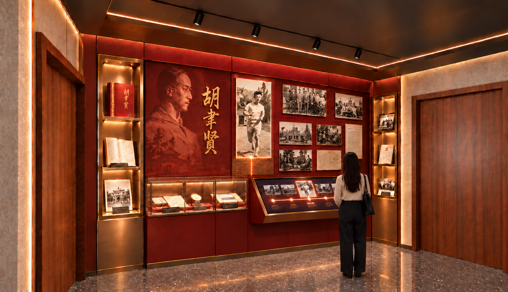 主题展厅虚实结合效果，唯一一位参观者从背后观看贴墙斜面操作台